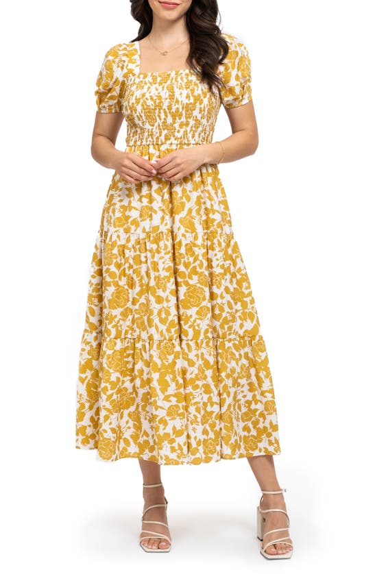August Sky Floral Puff Sleeve Smocked Midi Dress In Dusty Yellow Multi