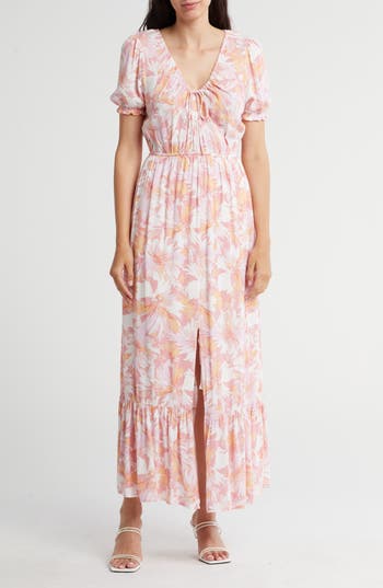 Lovestitch Floral Tiered Maxi Dress In Peach/light Pink