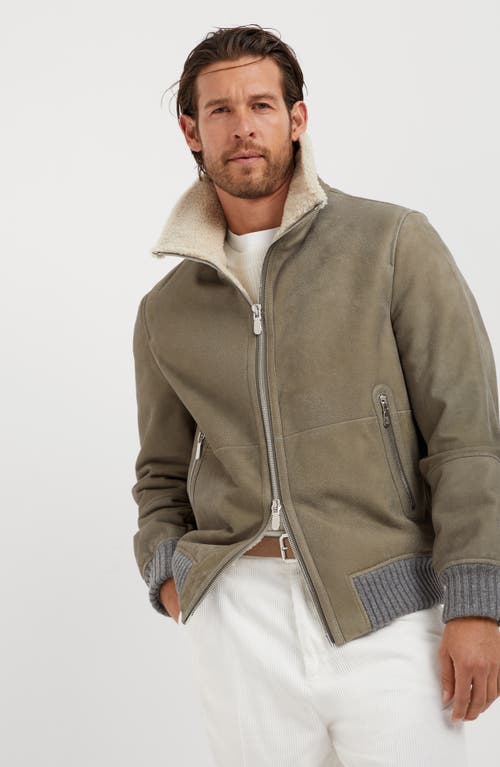 Shop Brunello Cucinelli Nubuck Shearling Bomber Jacket In Military