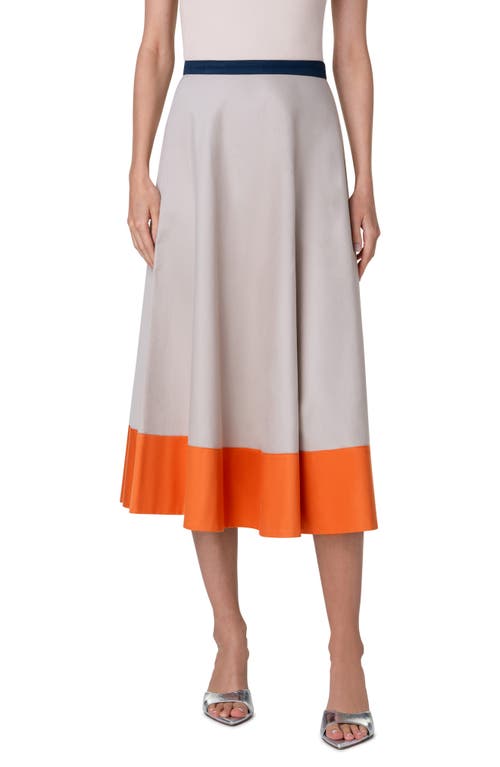 Colorblock Cotton Gabardine A-Line Skirt in Beige-Navy-Orange