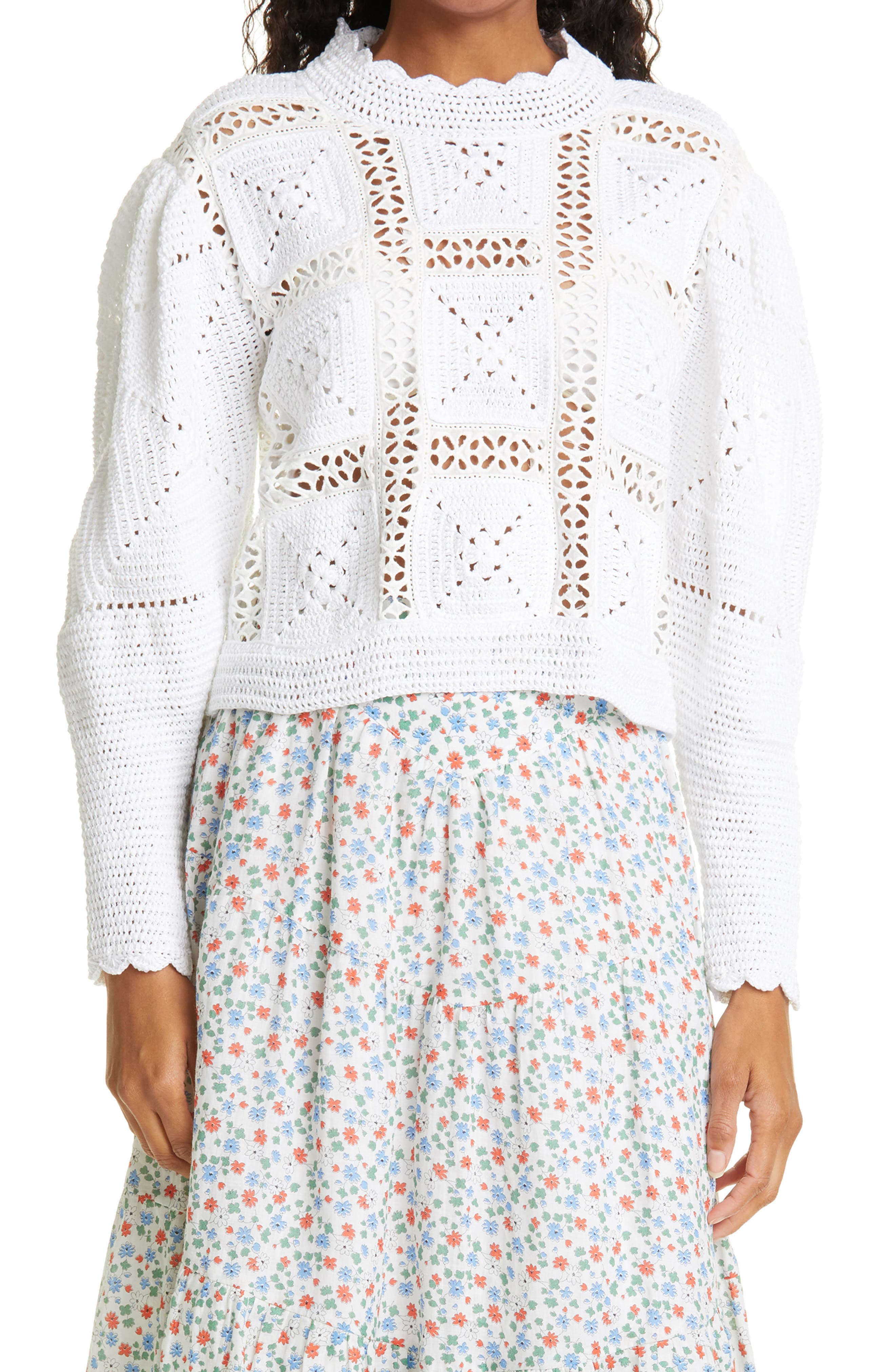 Sea Corinne Crochet Puff Sleeve Sweater in White at Nordstrom