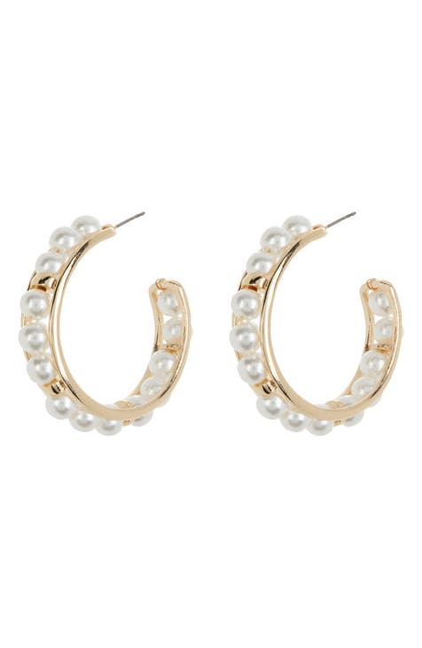 Imitation Pearl Wire Wrap Hoop Earrings