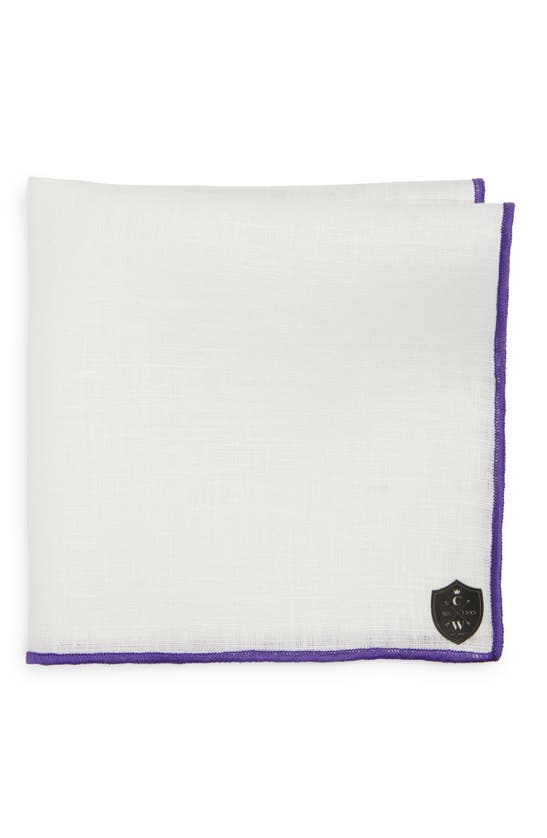 Clifton Wilson White Linen Pocket Square With Purple Trim In Purple
