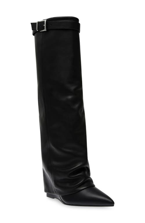 Corenne Foldover Shaft Pointed Toe Knee High Boot in Black Leather