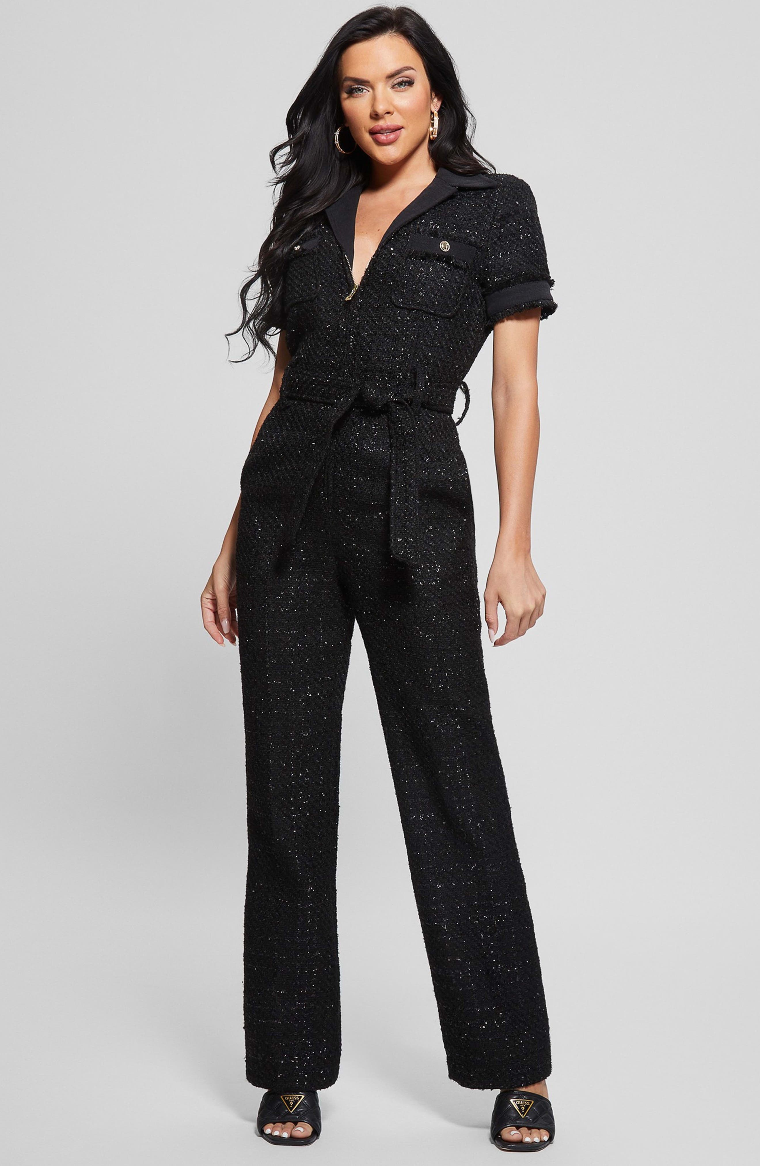 GUESS Clarissa Belted Tweed Jumpsuit in Black | Smart Closet