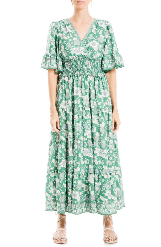 Max Studio Smocked Waist Midi Dress In Green Large Floral | ModeSens