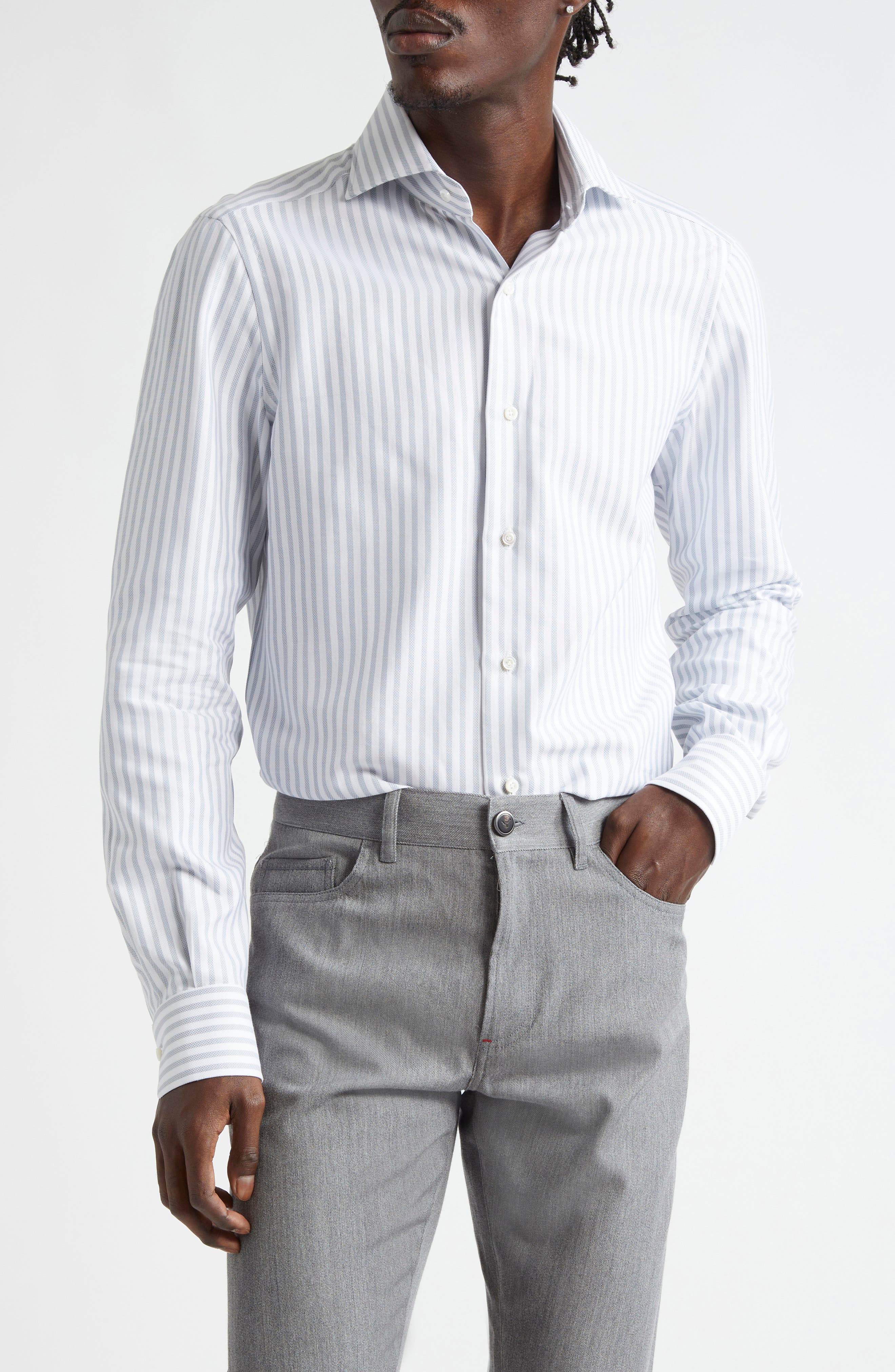 ISAIA Stripe Dress Shirt in White/Blue 