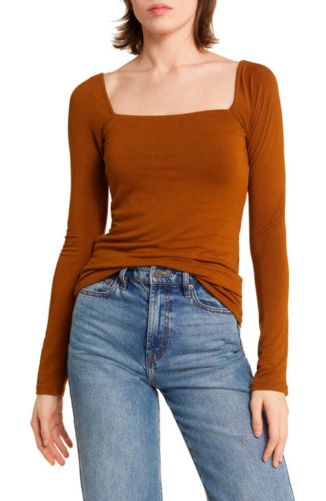 Long Sleeve Square Neck Tank Top, Women's Fitted Tops