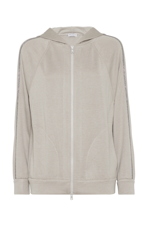 Shop Brunello Cucinelli Cotton And Silk Interlock Hooded Sweatshirt With Precious Stripe In Light Grey