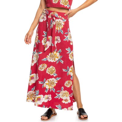 Roxy Island Evasion Floral Print Maxi Skirt, Red