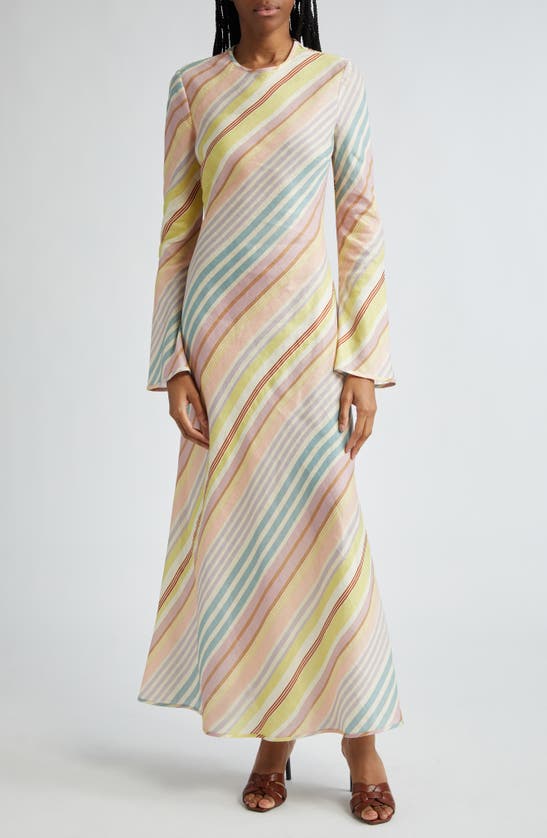 Zimmermann Halliday Stripe Bias Cut Long Sleeve Linen Maxi Dress In Multi Stripe