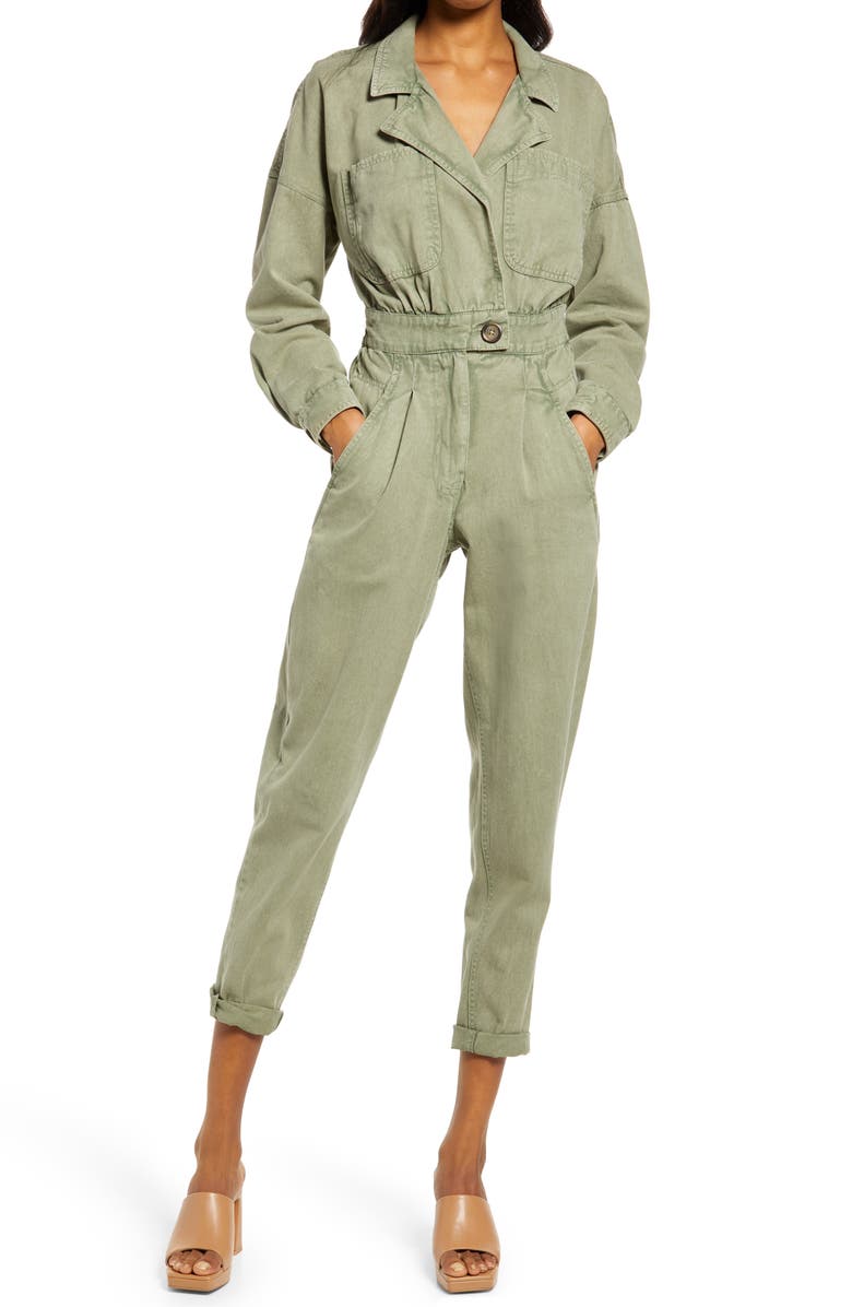 RIVER ISLAND Long Sleeve Cotton Twill Jumpsuit, Main, color, KHAKI