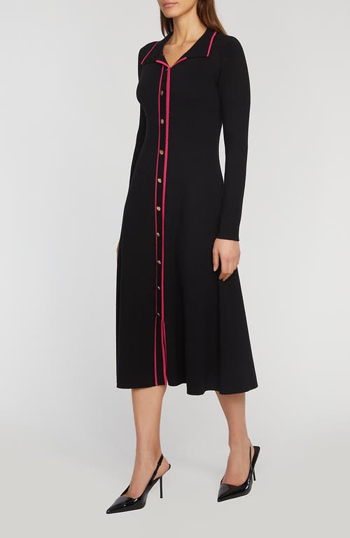 Shop Elie Tahari The Nadia Long Sleeve Button Front Sweater Dress In Noir W/pink Tipping