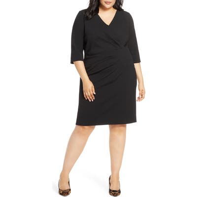 Plus Size Tahari Elbow Sleeve Pleat Detail Sheath Dress, Black