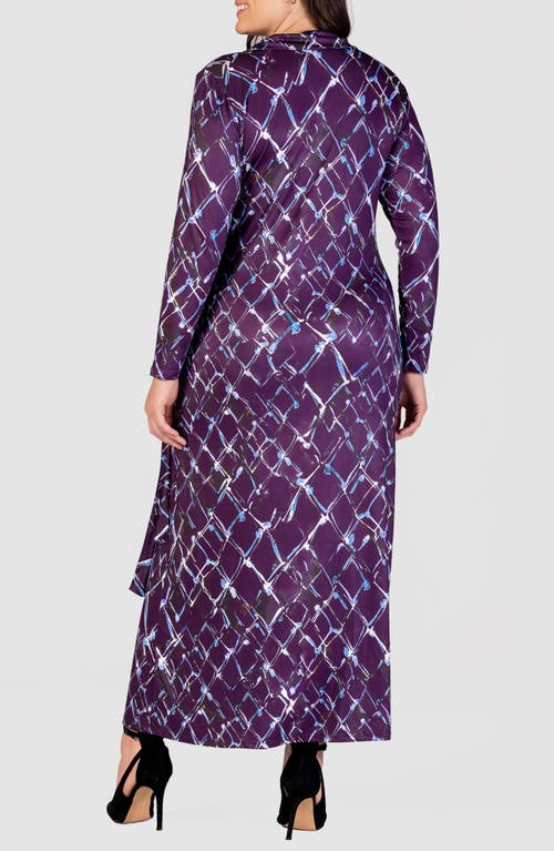 Shop 24seven Comfort Apparel Abstract Print Long Sleeve Wrap Front Maxi Dress In Purple Multi