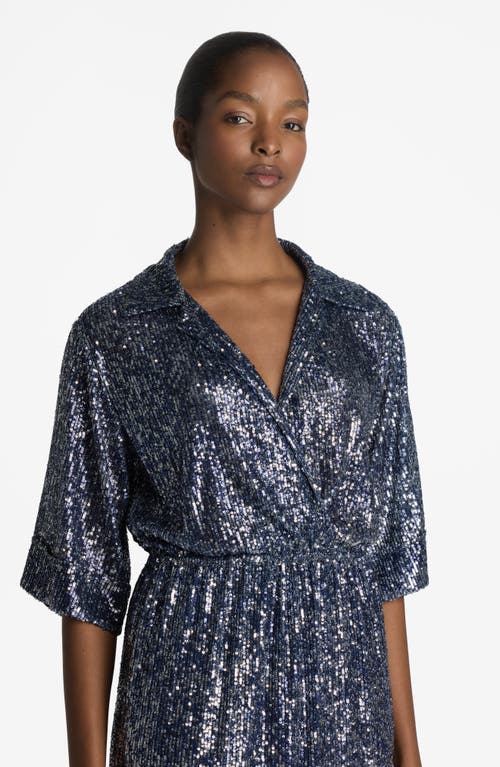 St John Sequin Embroidered Short-sleeve Midi Shirtdress In Royal Blue/ Silver Multi