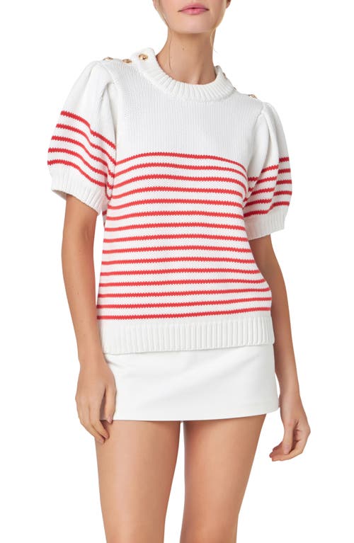 Shop English Factory Stripe Short Sleeve Cotton Sweater In Off White/red