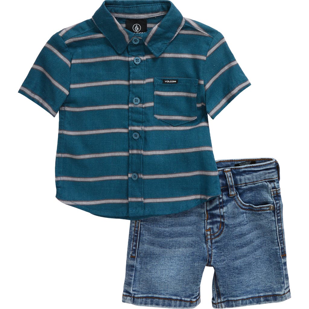 Volcom Stripe Short Sleeve Button-up Shirt & Denim Shorts Set In Teal