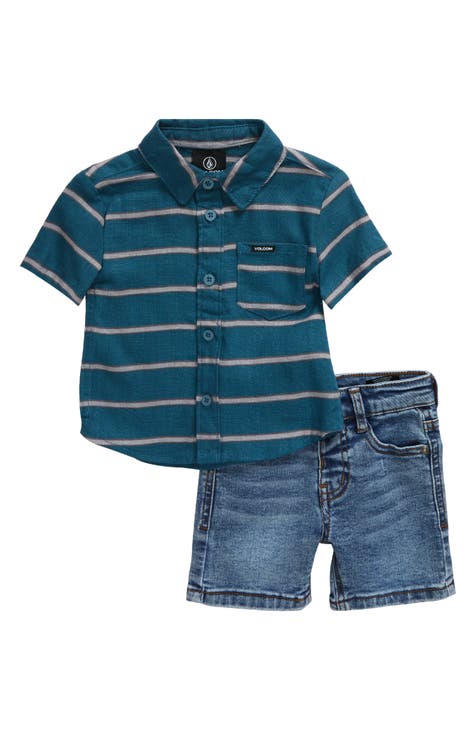 Stripe Short Sleeve Button-Up Shirt & Denim Shorts Set (Baby)