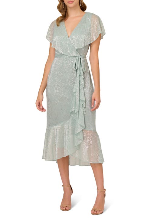 Metallic Flutter Sleeve Faux Wrap Dress