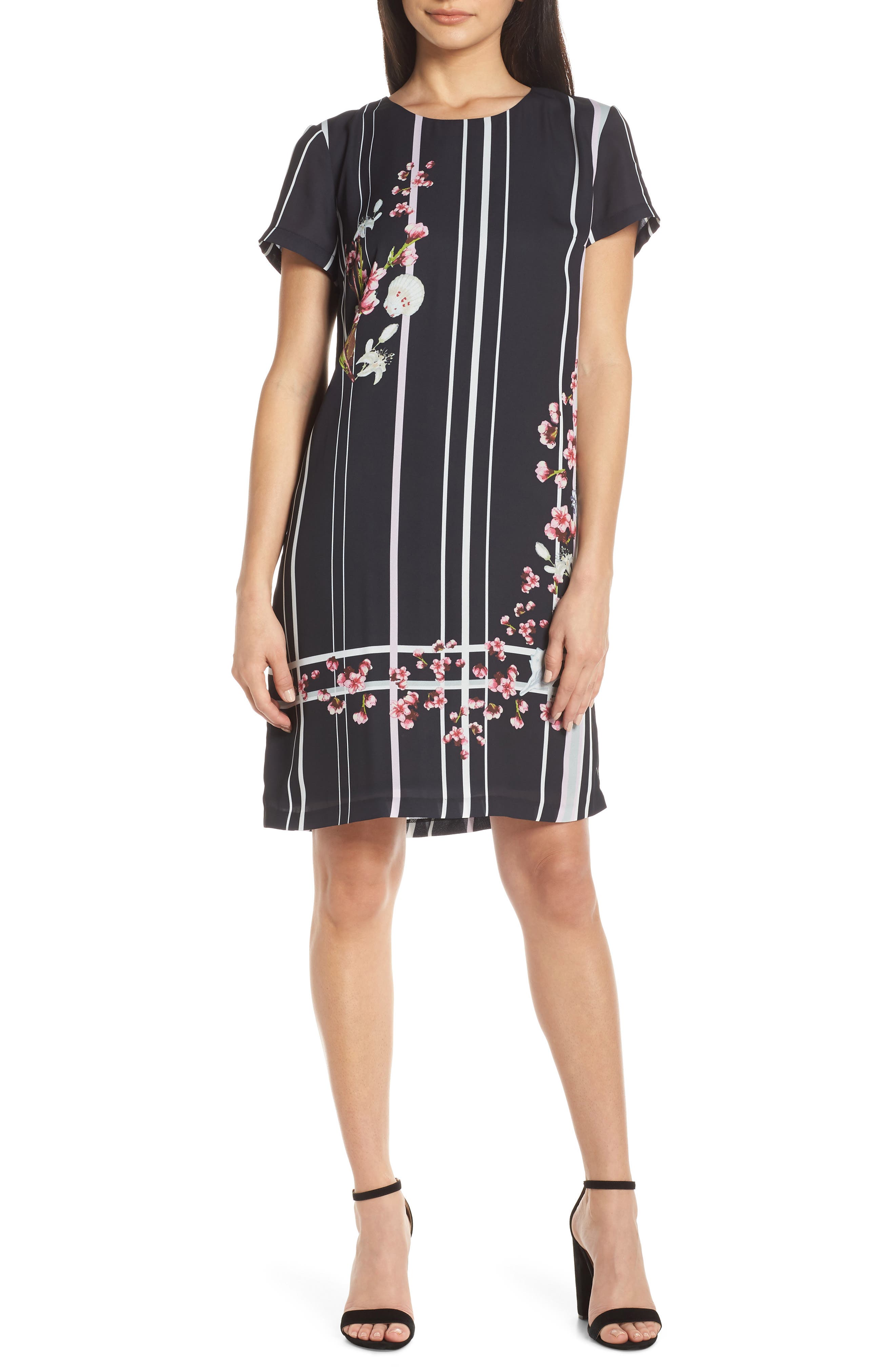 Forest Lily Stripe Floral Shift Dress, Black