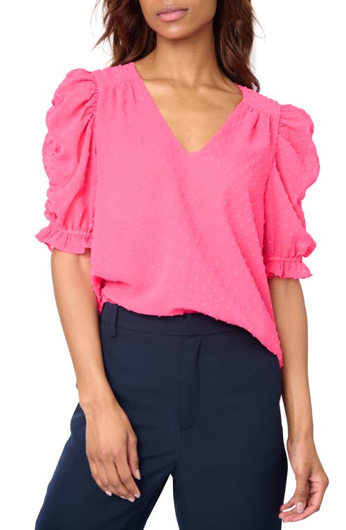 Clip Dot Ruched Sleeve Chiffon Top in Bright Pink Rose