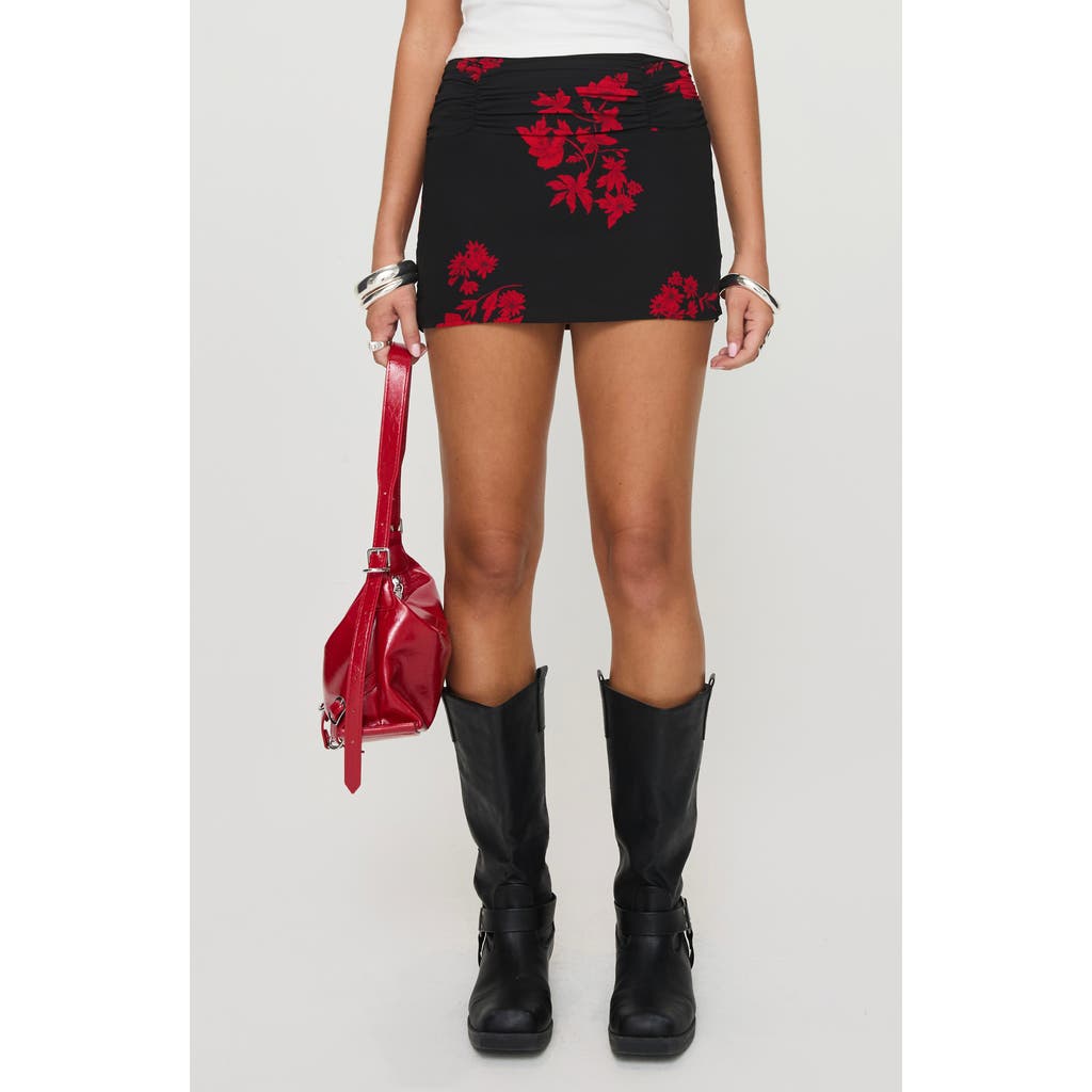 Shop Princess Polly Rosales Floral Ruched Miniskirt In Black/red