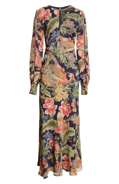 Shop Etro Floral Long Sleeve Silk Maxi Dress In Navy Multi