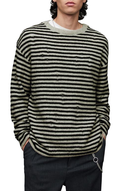 AllSaints Park Stripe Destructed Wool Blend Crewneck Sweater in Grey Marl/Black at Nordstrom, Size X-Large