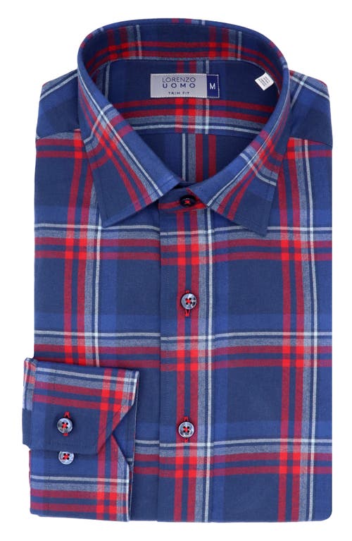 Lorenzo Uomo Trim Fit Plaid Flannel Cotton Dress Shirt In Navy/red