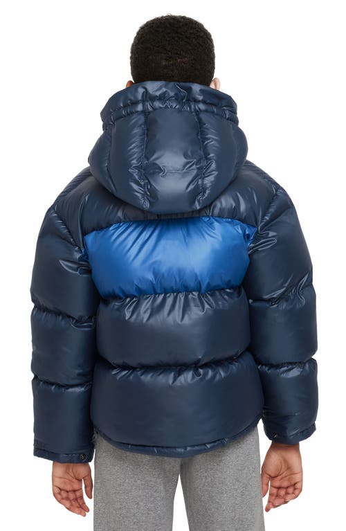 Shop Nike Kids' Sportswear Water Repellent Hooded Puffer Jacket In Midnight Navy/royal/white