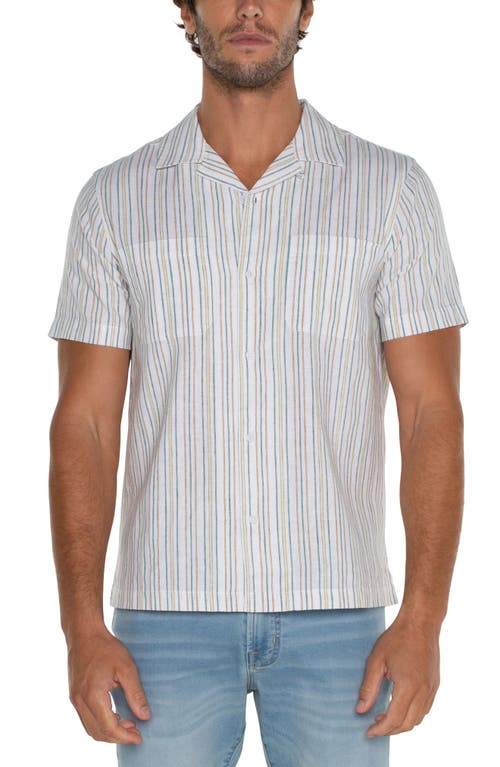 Liverpool Los Angeles Stripe Linen & Cotton Camp Shirt White Aqua Mltstp at Nordstrom,