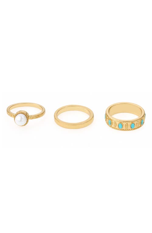 Ettika Set of 3 Turquoise & Imitation Pearl Rings in Gold