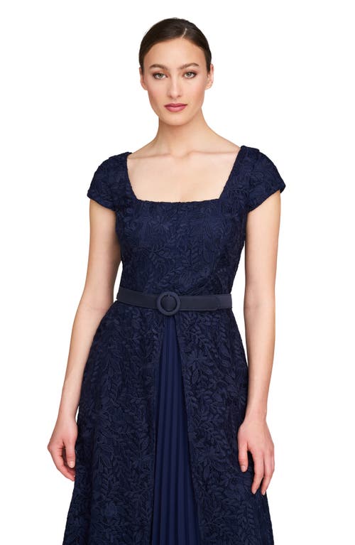 Shop Kay Unger Claudia Belted Pleated Lace Gown In Midnight