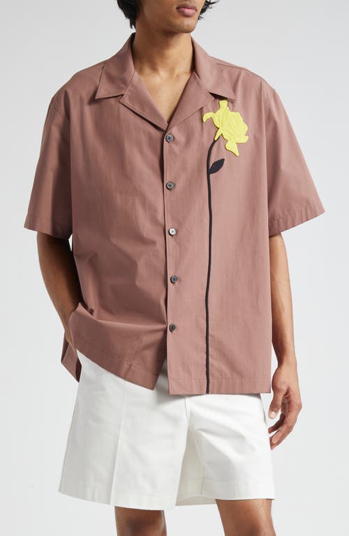 Valentino Flower Appliqué Cotton Camp Shirt in Malva at Nordstrom, Size 42 Us