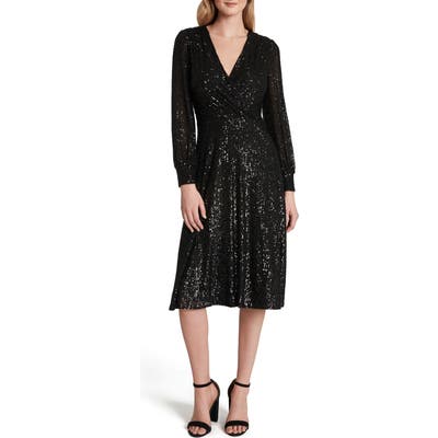 Tahari Long Sleeve Sequin Faux Wrap Dress, Black