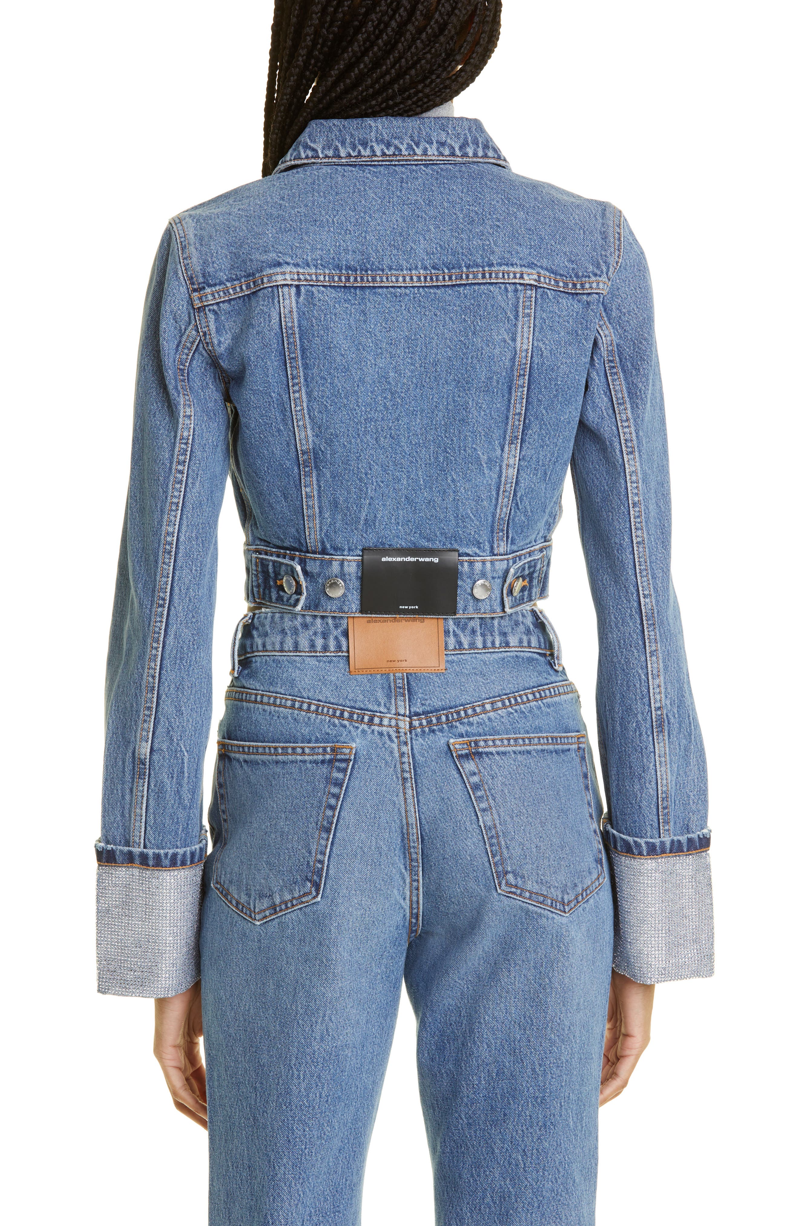 Alexander Wang Shrunken Crystal Cuff Denim Trucker Jacket in 473