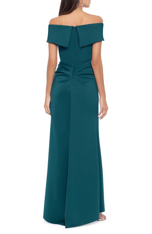 Xscape Evenings Ruffle Off The Shoulder Scuba Gown In Hunter