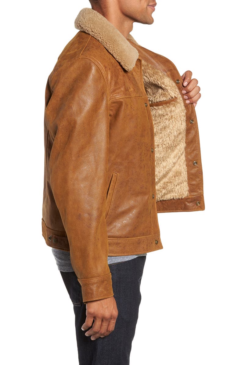 Schott NYC Leather Trucker Jacket with Genuine Sheepskin Collar, Alternate, color, Sycamore