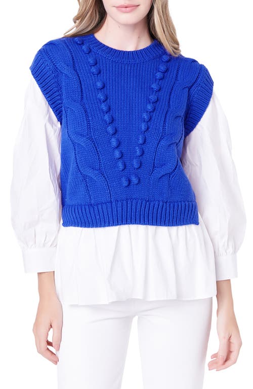 Shop English Factory Mixed Media Cable Stitch Sweater In Cobalt Blue/white