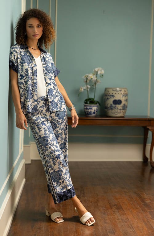 Liverpool Contrast Print High-low Short Sleeve Button-up Shirt In Glxy Flrl Prnt