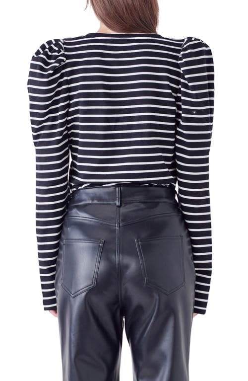 Shop English Factory Stripe Puff Sleeve Knit Top In Black/white