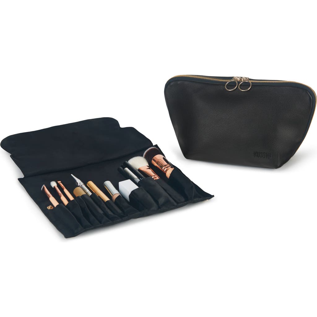 Kusshi Signature Leather Makeup Brush Organizer In Black Leather/red