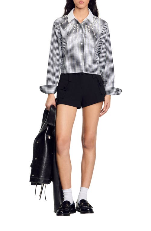 Shop Sandro Cropped Shirt With Rhinestone Bib In Black