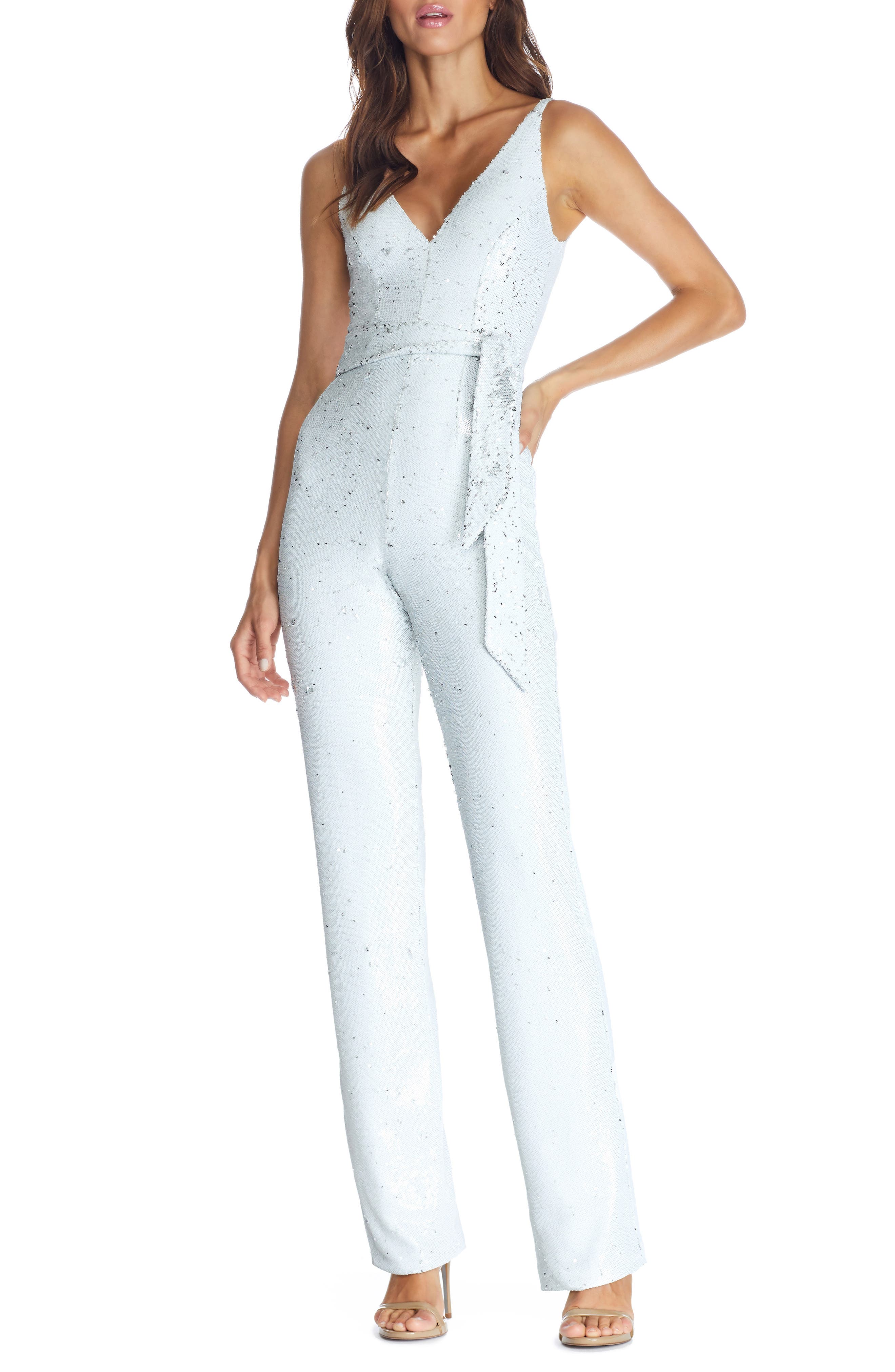 dress the population white sequin jumpsuit