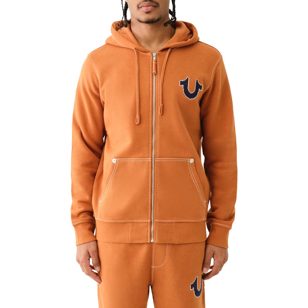 True Religion Brand Jeans Big T Cross Stitch Logo Zip Hoodie in Caramel Cafe