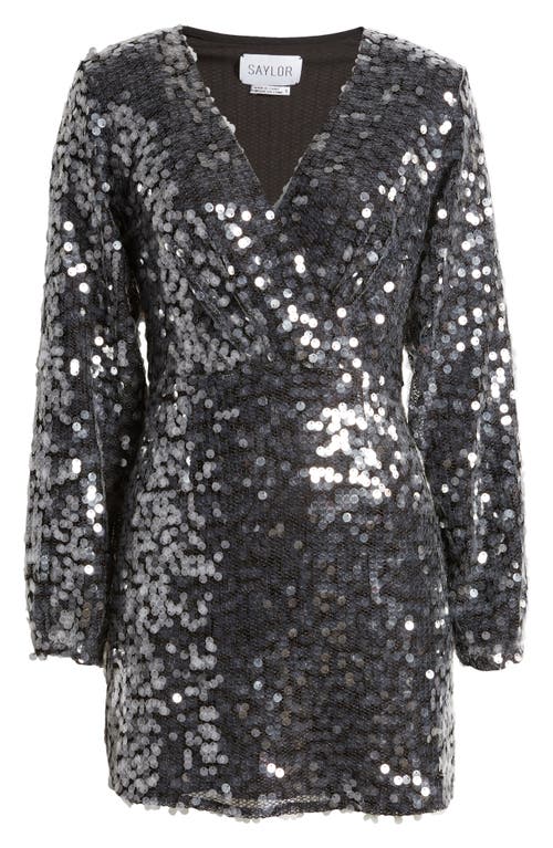 Shop Saylor Rina Long Sleeve Sequin Minidress In Pewter