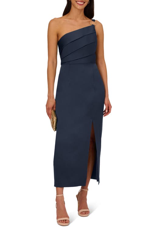 Adrianna Papell Pleat One-Shoulder Crepe Cocktail Dress in Dark Navy at Nordstrom, Size 14