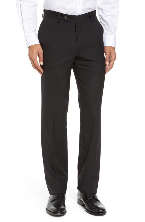 Berle Flat Front Stretch Solid Wool Trousers in Black