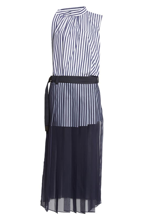 Shop Sacai Stripe Cotton Blend Poplin & Chiffon Dress In Navy Stripe X Navy